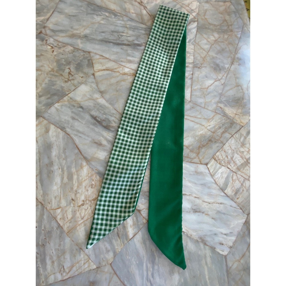 Green White Gingham Reversible Skinny Scarf Emerald Satin Hair Ribbon Necktie - Picture 5 of 9